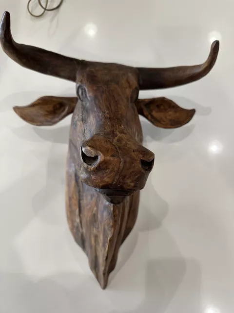 Vintage French Hand Carved Wood Bull Head Wall Mount Wall Hanging art