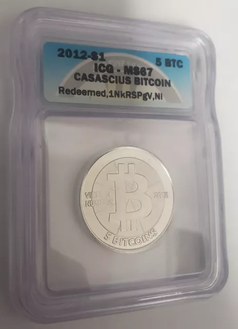 5 BTC 2012 Series 1 - 1NkRSPgV - Casascius (Redeemed) Physical Bitcoin ICG MS-67