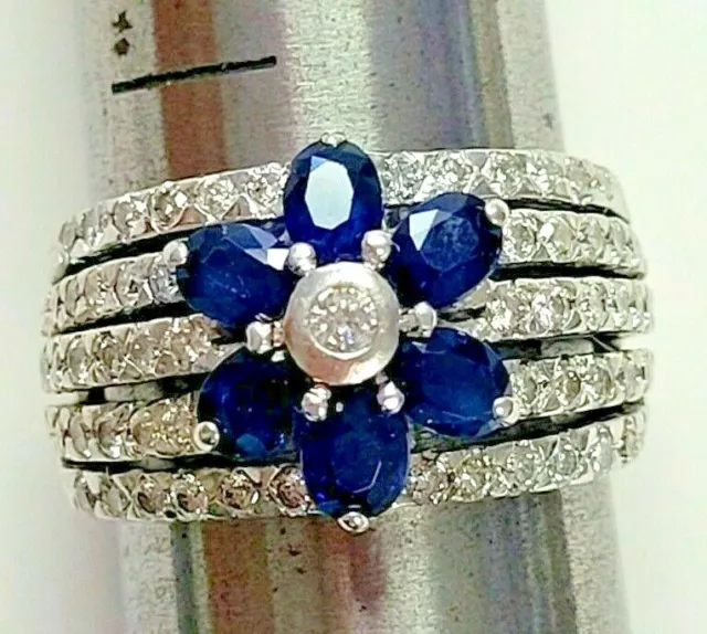 Designer LeVian White Gold Deep Sapphire and Diamond Floral Ring- 14K WG- size 6