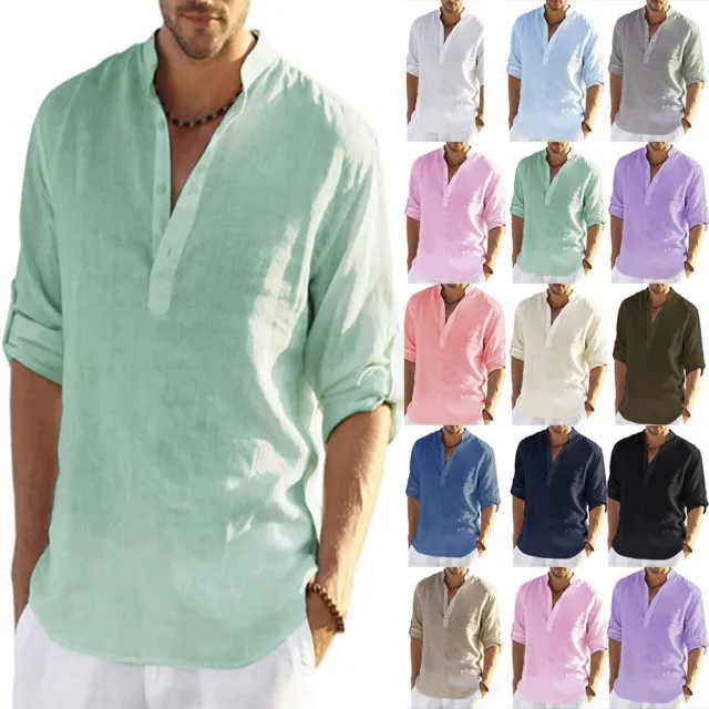 Mens Cotton Linen Beach Shirts Casual Baggy Loose Summer Shirt Blouse Tops Tee