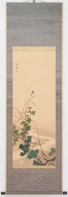 Kakejiku Japanese Hanging Scroll Autumn Grass & Small Bird Shosen Kondo Japan 2