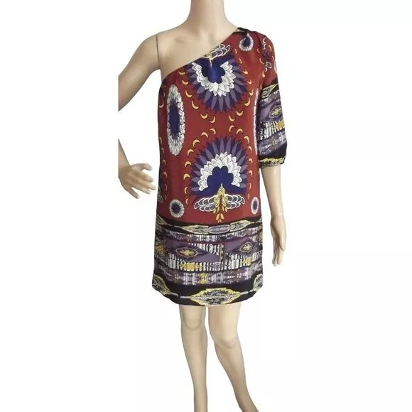 Jaloux Size Large Peacock Print One Shoulder 100% Silk Shift Dress l women's