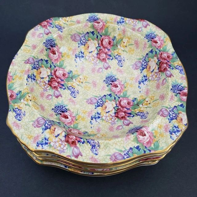 4 Royal Winton Grimwades Welbeck Bowls 7" Cereal Salad Soup Chintz Yellow 1995