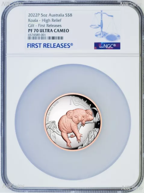 2022 Australia Pink Gold GILT HIGH RELIEF 5oz Silver Koala $8 Coin NGC PF70 FR