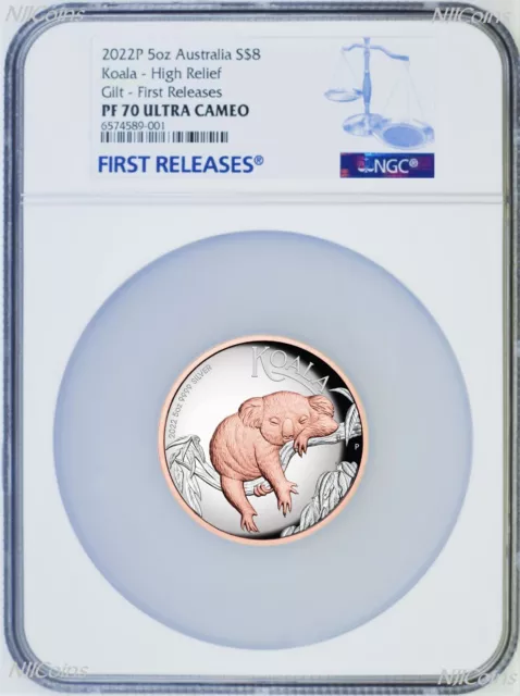 2022 Australia Pink Gold GILT HIGH RELIEF 5oz Silver Koala $8 Coin NGC PF70 FR 2022 Australia Pink Gold GILT HIGH RELIEF 5oz Silver Koala $8 Coin NGC PF70 FR