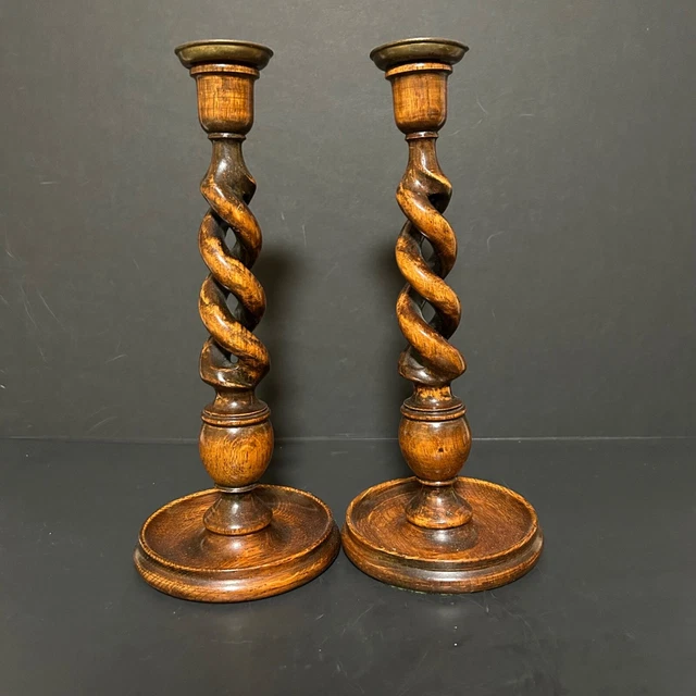 Pair Antique Hand Carved English Tiger Oak Barley Open Twist Design, Stunning