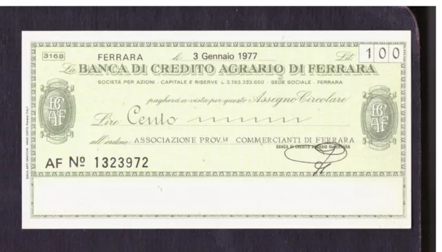 Miniassegno Banca Credito Agrario di Ferrara Ass. Commercianti 100 L 3-6-1977