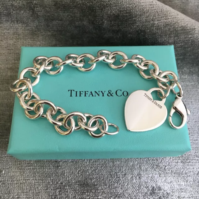 Tiffany & Co Blank Heart Tag Charm Bracelet with Blue Box in Sterling Silver