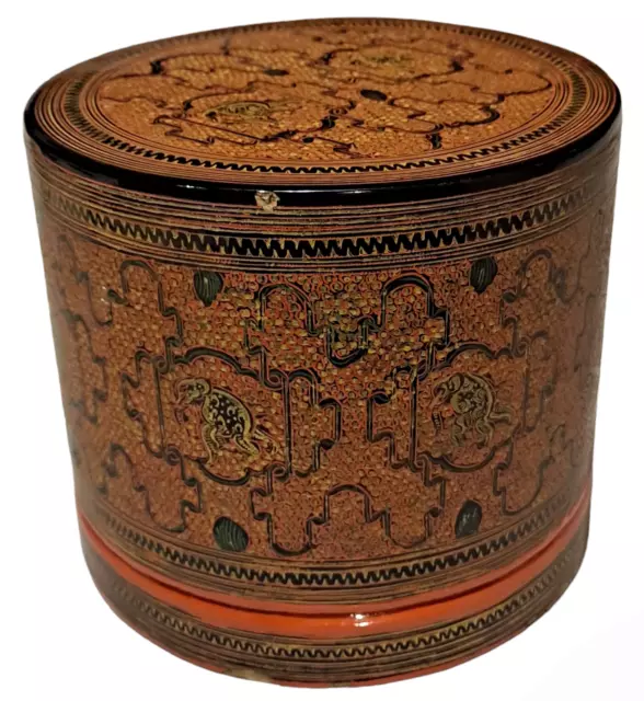 Burmese Asian Orange Lacquer Hand Painted 4 Piece Betel Nut Box RARE ANTIQUE