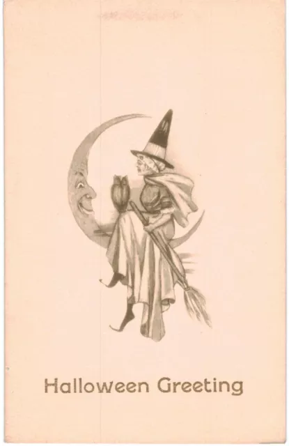 Gibson Halloween Pretty Witch Sits On Crescent Moon Owl Sepia Unused 1910 44951