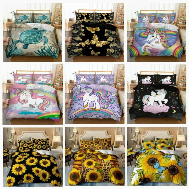 Unicorn Floral Doona Quilt Cover Set Single Double Queen King Size Soft Bedding