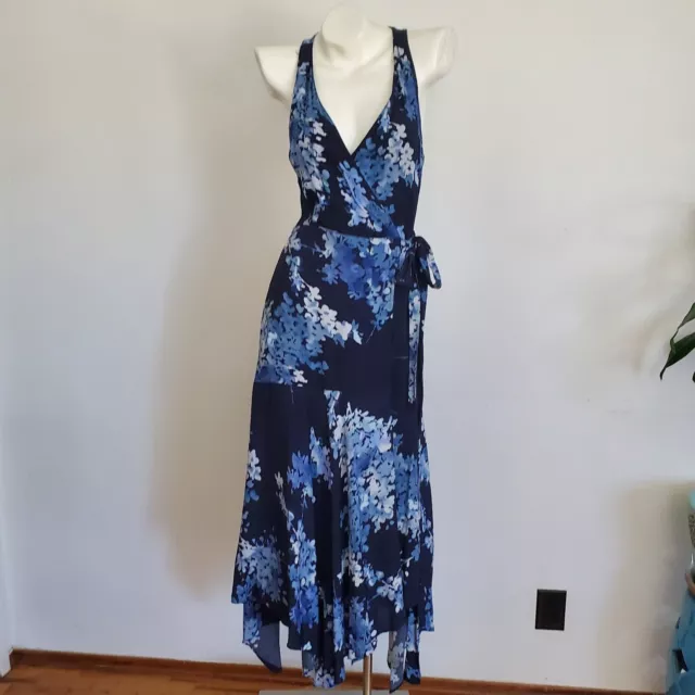Olivaceous Wrap Maxi Dress Medium Blue Floral Sleeveless V Neck