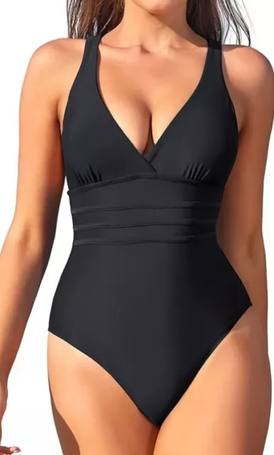 Womens One Piece Swimsuit Sexy V Neck Slimming High Leg Cross Back Padded Black