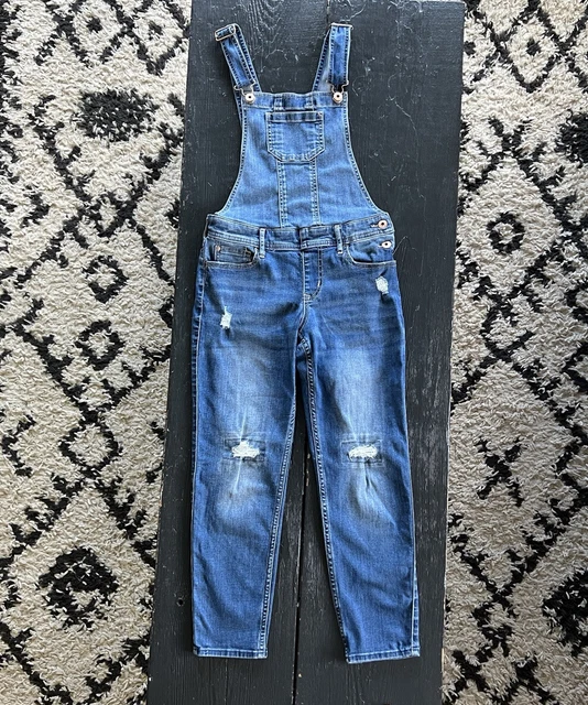 Abercrombie Kids Girls Blue Denim Ripped Jeans Overalls Bibs Jumpsuit 11/12