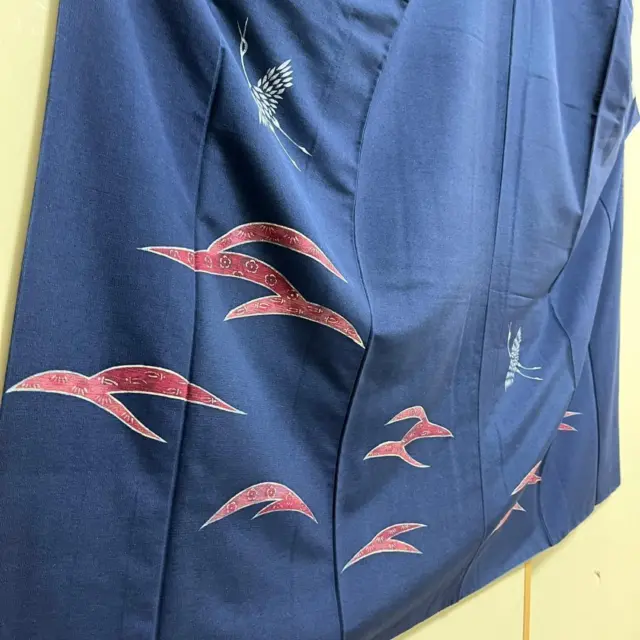 Japanese Pure Silk Semi-Formal Kimono Tsukesage Houmongi 157.5cm Navy Crane 2