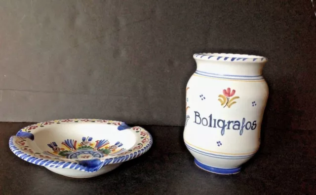 Set 2 VTG Hand-painted Pottery Spain Talavera Ashtray & Desk Pen Holder Signed