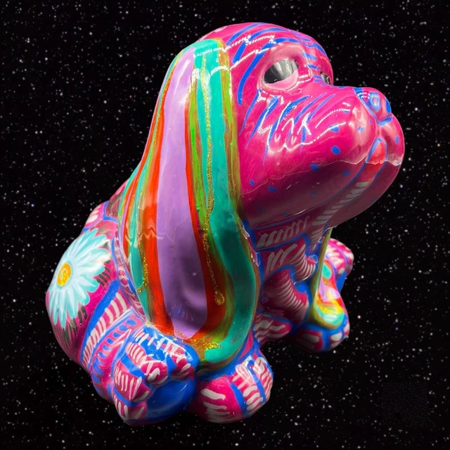 Mexico Folk Art Pottery Hound Dog Coin Bank Magenta Hand Painted 7”T 6”W