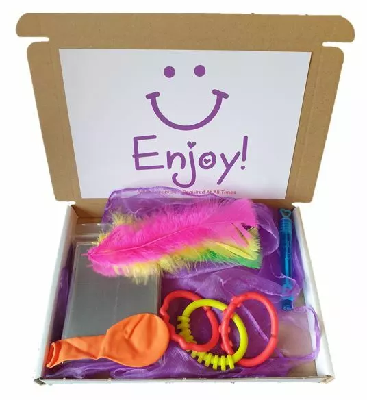 Mini Sensory Box - Gift Set Foil Blanket Chiffon Scarf Feathers Bubbles Links