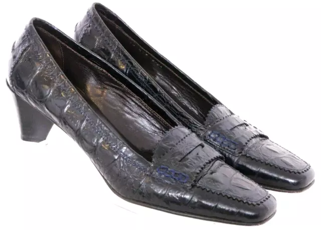 Donald J. Pliner Saba Crocodile Square Toe Penny Loafer Heel Shoes Women's 10 N