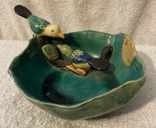 MAJOLICA Style Pottery Bowl 2 Birds on Branch Blues Greens