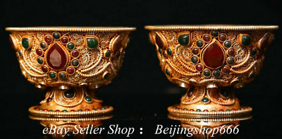 4" Old Tibet Tibetan Copper Gilt Filigree Inlay Gems Temple Offering Bowl Pair