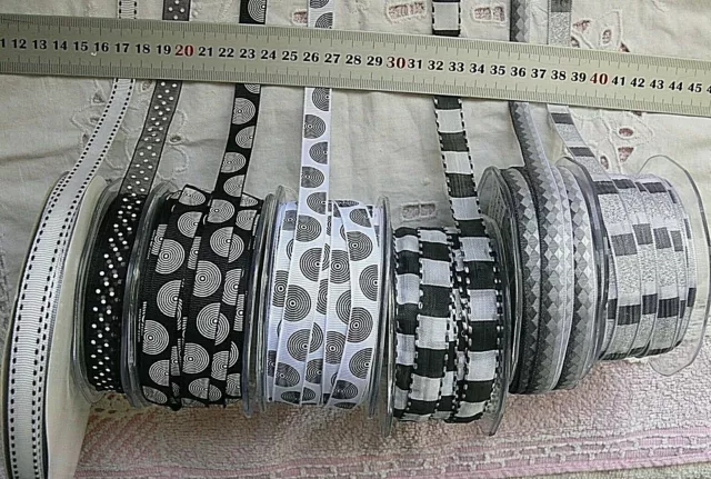 BLACK & WHITE Mixed Ribbons 10-12mm Wide 3 & 5 Metres 8 Design Style Choice