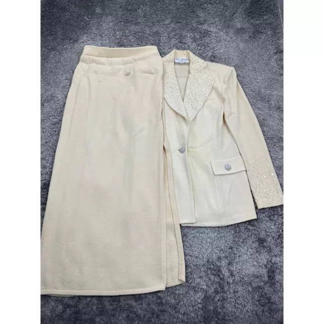 St John Evening Skirt Suit Womans 6 Creamy Rhinestone Embellished Jacket Pencil