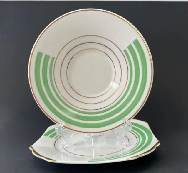 Shelley Oxford Shape Green Gold Bands Saucer & Side Plate Art deco China England