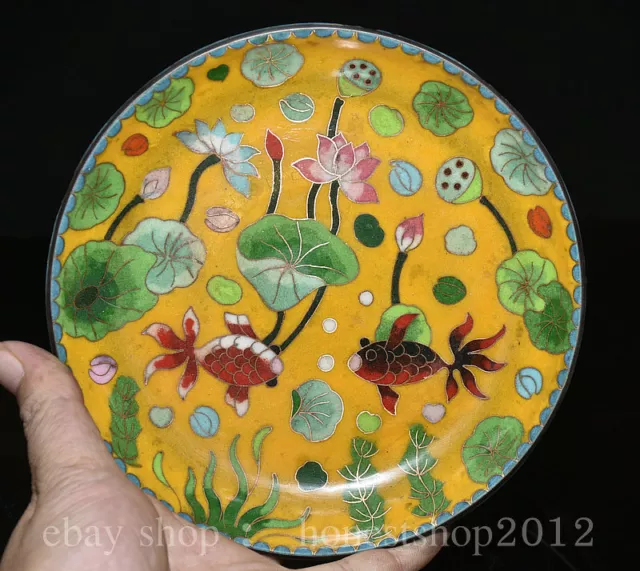 7.2" Alte Chinese Cloisonne Kupfer Dynastie Palast Lotus Fisch Tray Teller Dish