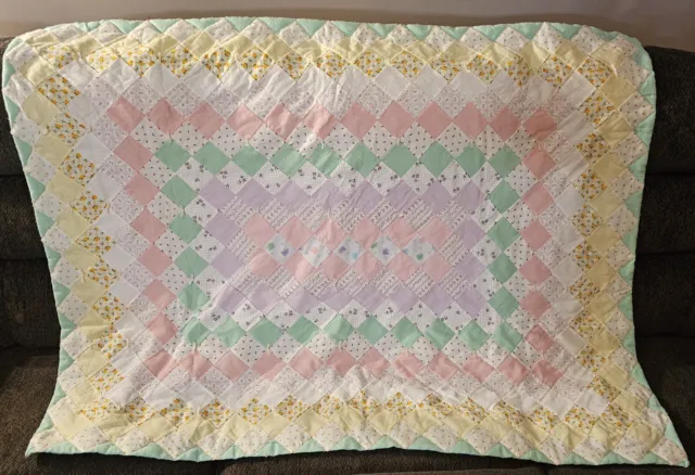 Handmade Pastel Flannel Flowers Baby Quilt Pink Purple Yellow Green Vintage GUC