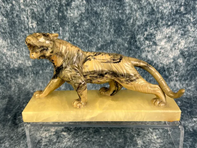 Vintage Carved Marble Onyx Alabaster Stone Tiger Statue Heavy Paperweight