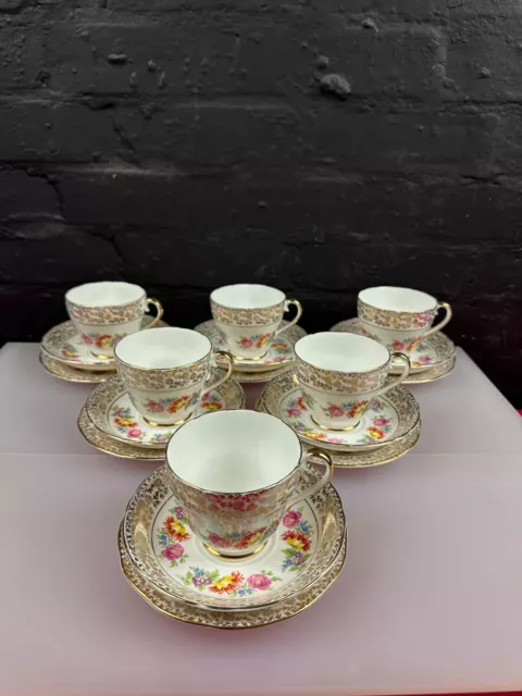 6 x Imperial Bone China 22kt Gold Floral Tea Trios Cups Saucers and Side Plates