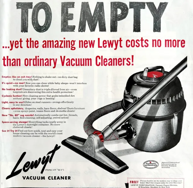Lewyt Vacuum Cleaner Bagless 1948 Advertisement Household Cleaning DWHH5