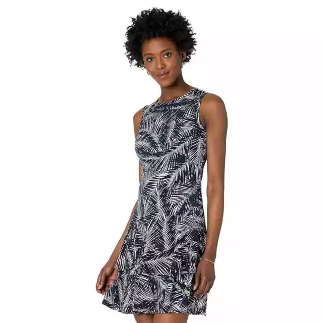 Michael Kors Women's Palm Print Sleeveless Flounce Dress Midnight Blue, US S