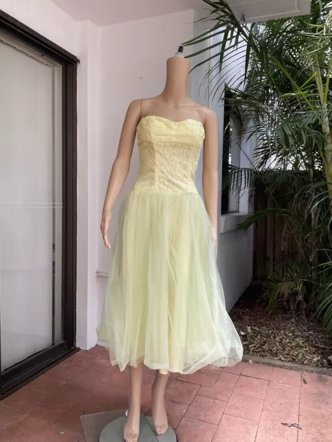 Vtg 50s Emma Domb yellow/green strapless tulle dress with lace bodice S