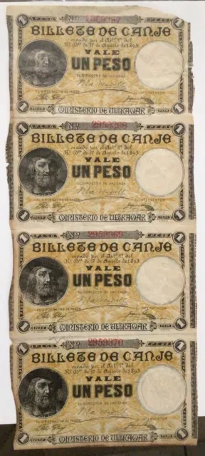 1895 Puerto Rico Peso “Billete De Canje” Paper Money - Sheet Of 4 Banknotes!