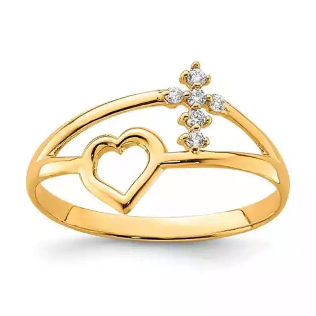 Solid 10K Yellow Gold Women's Polished Cubic Zirconia Cross Heart Ring Size 7