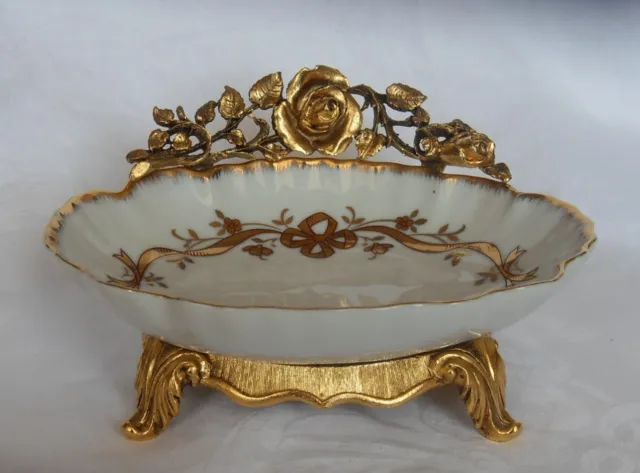 VTG Matson Vanity Trinket Tray Soap Dish Footed Gold Regency Ormolu Rose Holder