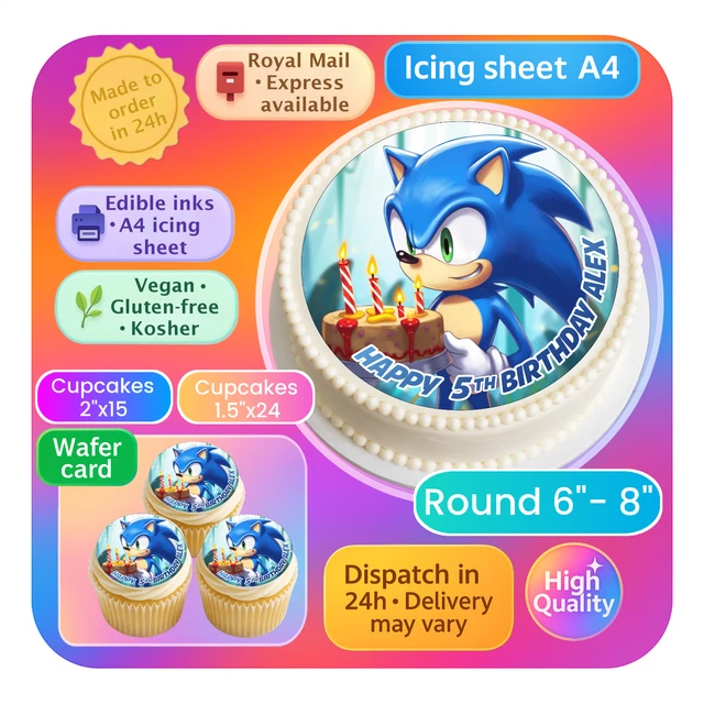 SONIC THE HEDGEHOG Personalised Birthday Edible Icing Cake Topper Decor