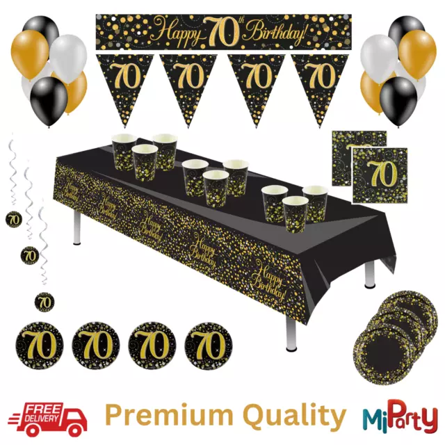 70th Birthday Black & Gold Sparkling Fizz Party Tableware Partyware Decorations