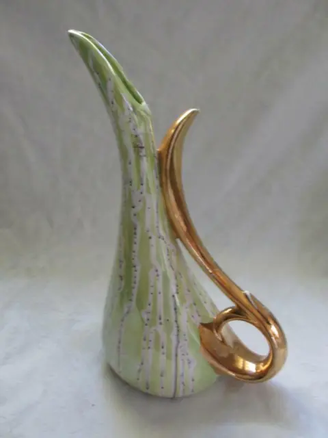 Mid-Century Vintage Tall Very Modern Green Pottery Pitcher w/Gold Handle - Wow!