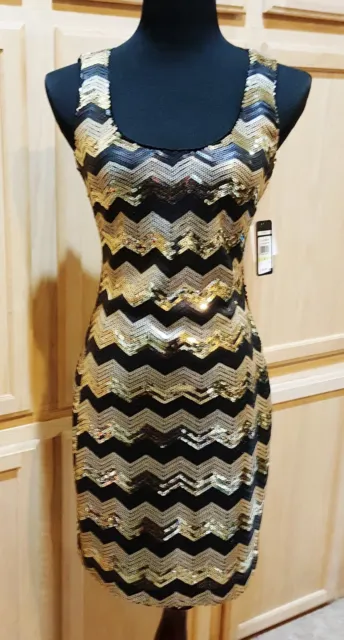 GUESS Black/Gold Sequin Chevron Striped Stretch Sheath Dress - MSRP $158