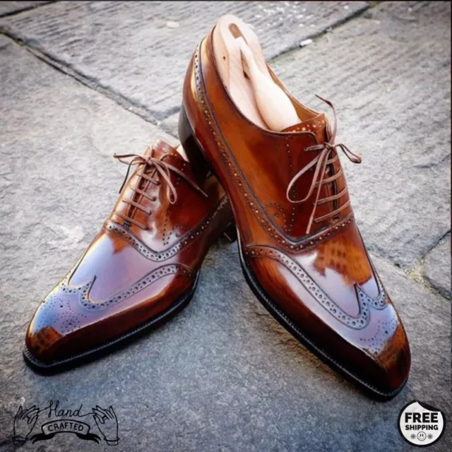 Mens Handmade Patina Leather Wingtip Brogue Oxford Dress Formal Office Shoes New