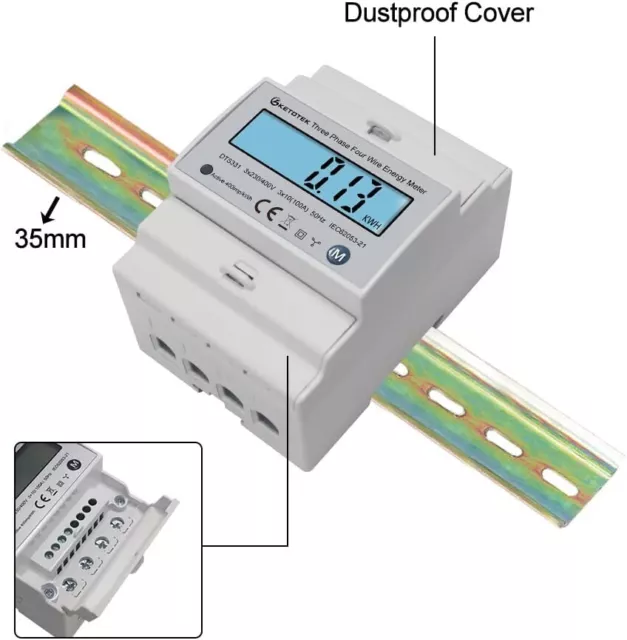 KETOTEK 3 Phases Electricity Meter AC Amp Volt Power Energy Monitor Top Hat Din