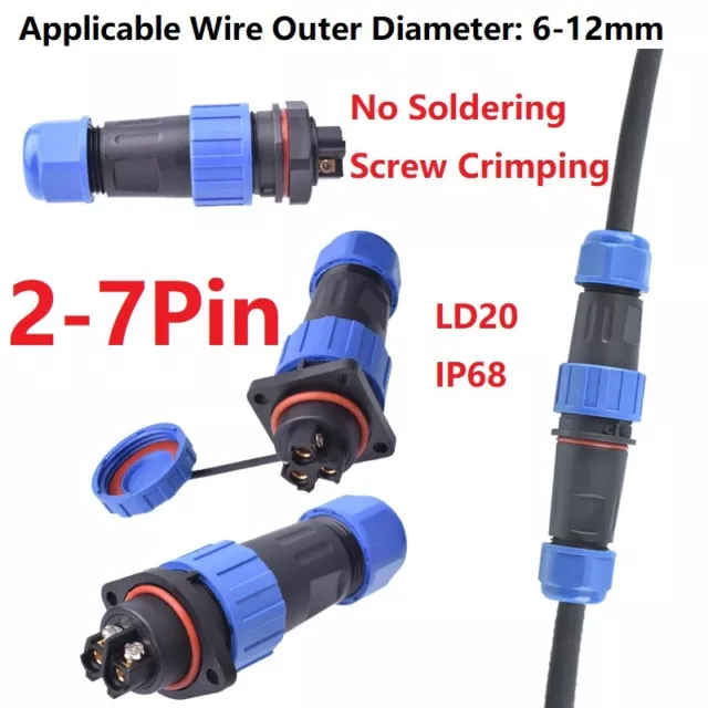 2-7 Pin IP68 Waterproof Connector Screw Crimping Inline Plug Socket 6-12mm Wire