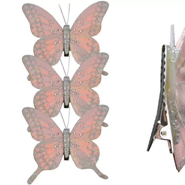 Christmas 3 Pack Clip on Feather Butterfly with Glitter Tree Decoration - Pink