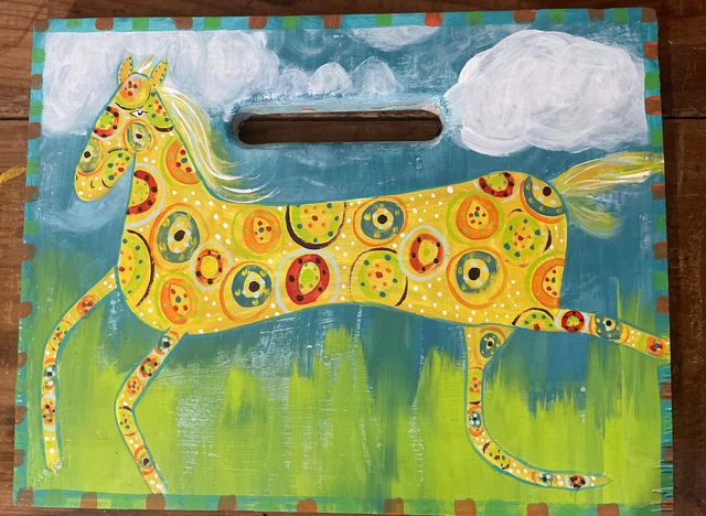 Horse Run OOAK Folk Art  Painting On Reclaimed  Wood By Annette Harford