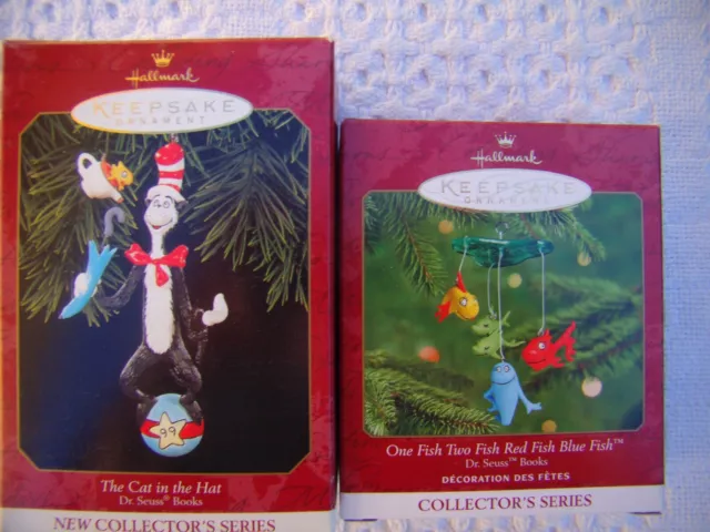 Pair of HALLMARK KEEPSAKE Dr Seuss Ornaments Cat in the Hat & One Fish Two Fish