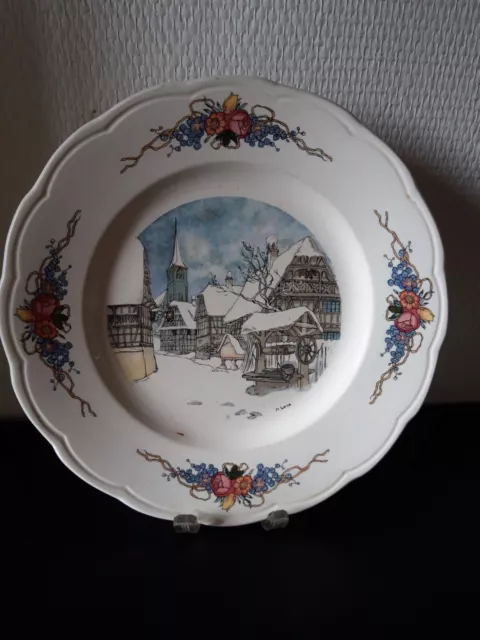 Assiette creuse  Sarreguemines Obernai village Alsacien sous la neige Henri Loux