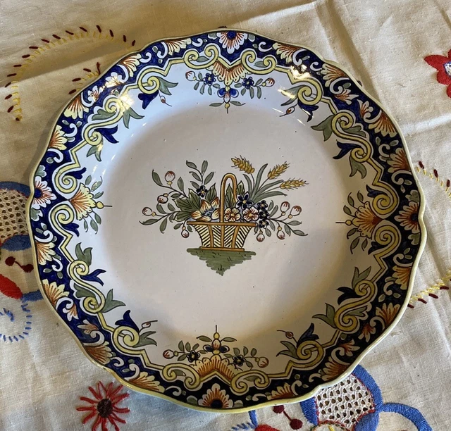 Antiguo Plano Plato De Servicio Deco Hecho a Mano Pintados Cesta Floral Vintage